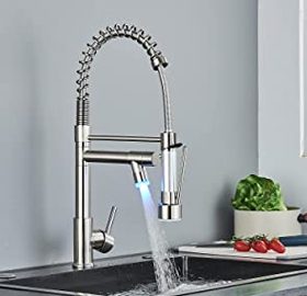 NeierThodore Commerical Kitchen Faucet with Pull Down Sprayer,Stainless Steel Single Handle One Hole Spring Kitchen Faucets with LED Spout,Dual Mode Brushed Nickel