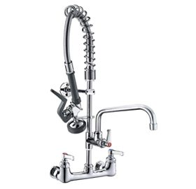 CWM Commercial Wall Mount Kitchen Sink Faucet Brass Constructed Polished Chrome Pre-Rinse Device 25" Height 8" Center with Coilded Spring Pull Down Sprayer and 12" Add-on Spout (25 inches)