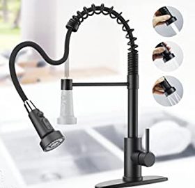Gptoylife Kitchen Spring Faucets with Pull Down Sprayer-3 Functions Sprayer Commercial Kitchen Sink Faucets | Stainless Steel Single Handle Matte Black Kitchen Faucets for RV Utility Sink with Deck