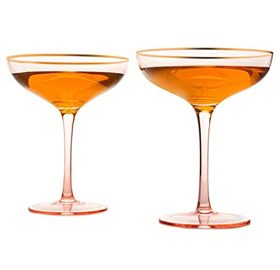 Colored Blush Pink & Gilded Rim Coupe Glass, Large 9oz Cocktail & Champagne Glasses 2-Set Vibrant Color Short Gold Vintage Tumblers, No Stem Margarita, Glassware Gift Idea - The Wine Savant (Coupe)